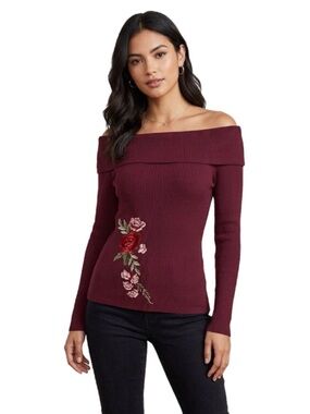 S Small Cloudchaser Embroidered Roses Floral Burgundy Cowl Turtleneck Sweater